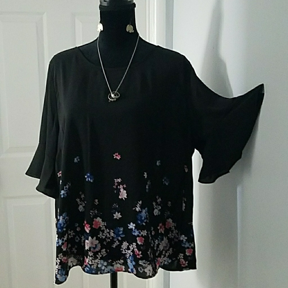 Black flowered sheer crepe blouse
